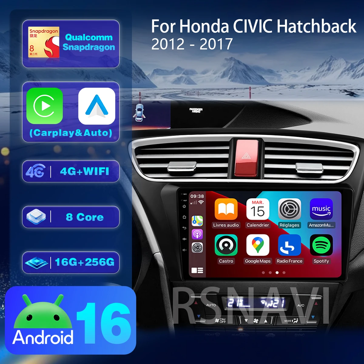 Android 16 For Honda CIVIC Hatchback 2012 - 2017 Carplay Screen Car Radio Multimedia Player Plug and Play 360 Camera BT video