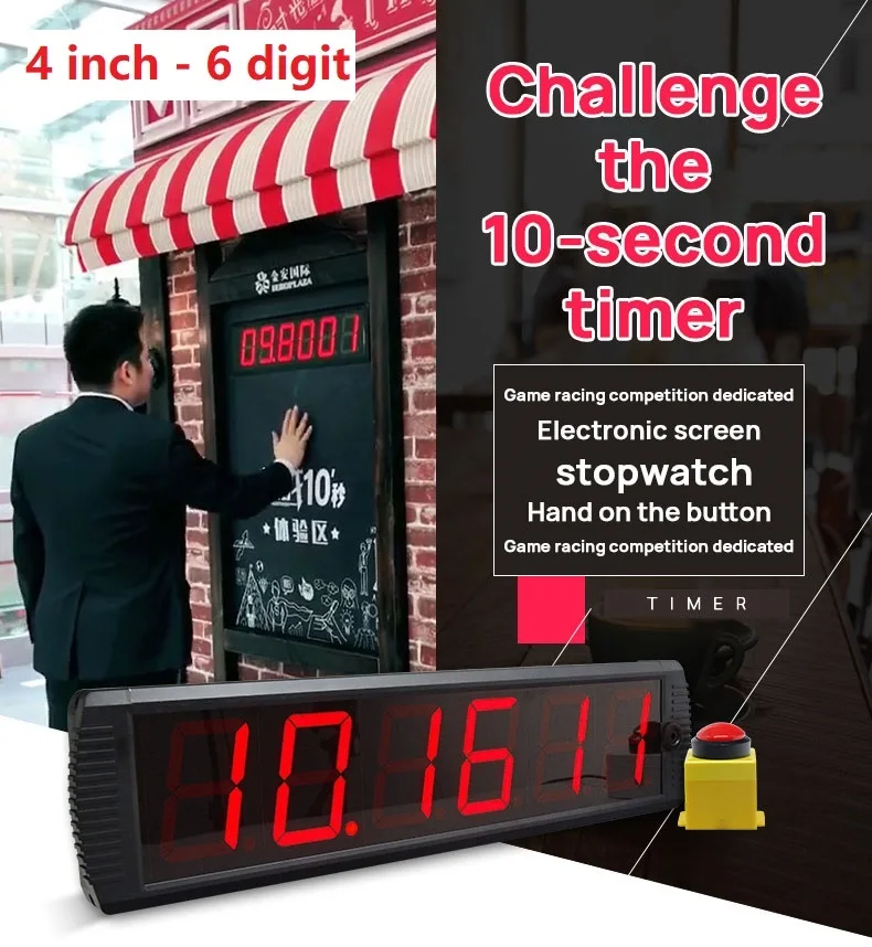 YZ High Difficulty Exactly 10 Seconds Challenge Clock 4 Inch LED Digital Display Games Timer with Push Start Pause Reset Button