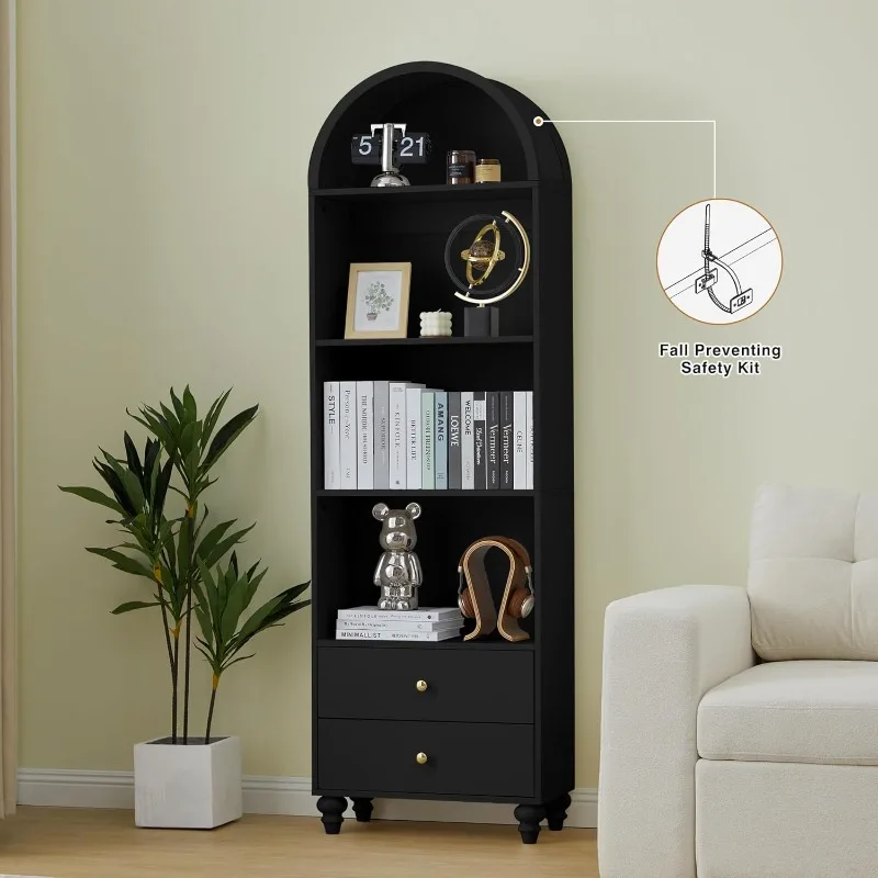 75.59" Tall Bookcase, 4 Tier Arched Bookshelf with 2 Drawers, Modern Book Display Storage Cabinet for Living Room,(Black)
