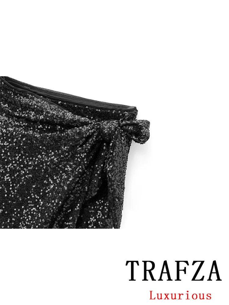 TRAFZA Vintage Casual Chic Women Skirt Sequined Bow Lace-up Long Wrap Skirt New Fashion 2024 Autumn Winter Holiday Party Skirts