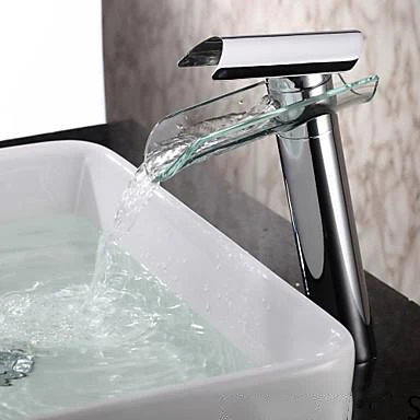 LANGYO Chroom Badkamer Vanity Wastafel Glas Waterval Uitloop Koud Warm Water Mixer Messing Kranen Badrandcombinaties Kranen