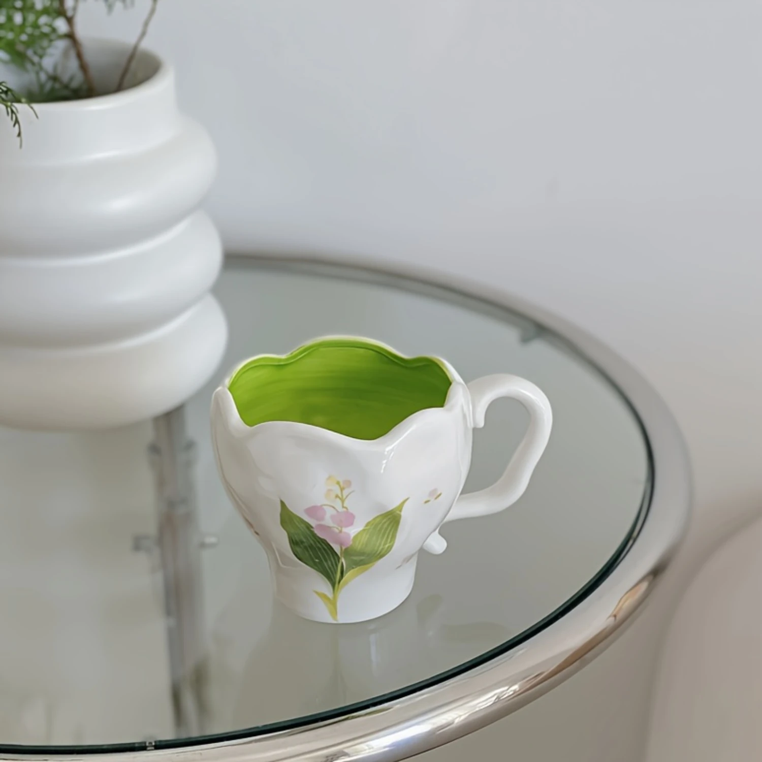 1pc, Vintage Ceramic Cup, Hand-Painted Flower Breakfast Milk Coffee Cup, Tulip Shaped Cup, Irregular Mug, Lily Of The Valley Mug