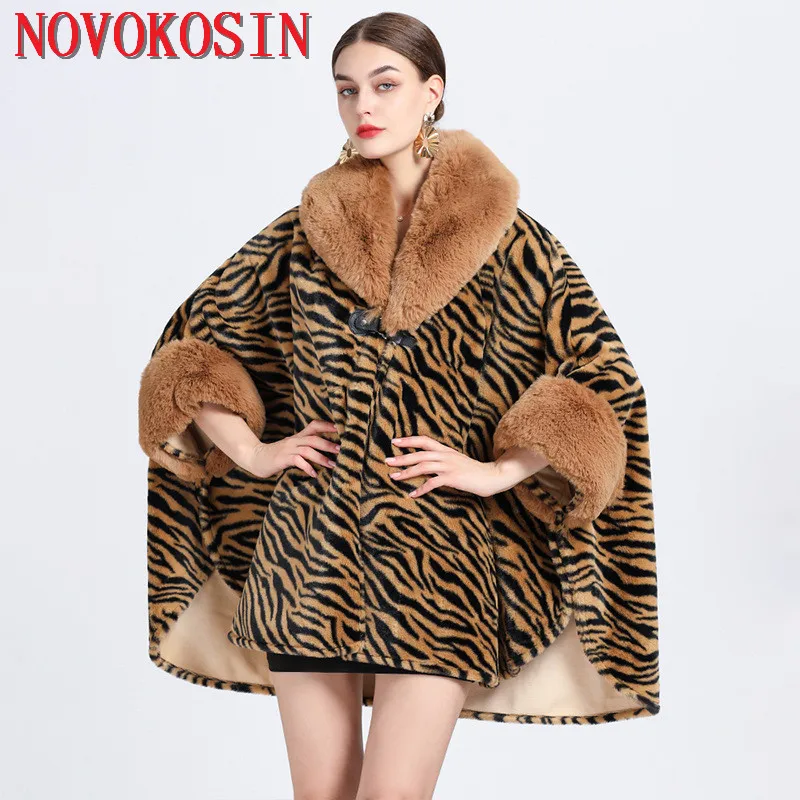 

Batwing Sleeves Poncho Women Zebra Striped Overcoat Cloak Winter Big Pendulum Faux Fur Collar Cardigan Woolen Loose Capes Coat