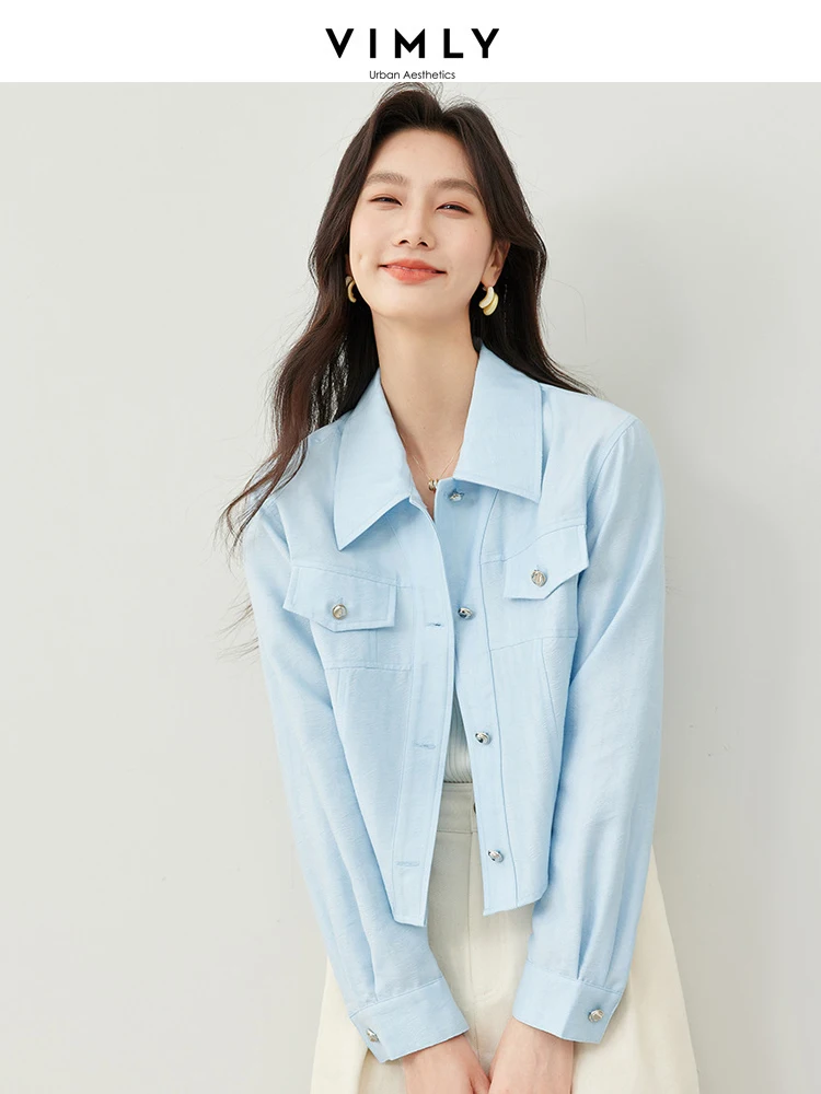 

Vimly Women Cropped Blue Shirts 2024 Spring Womans Clothing Long Sleeve Blouse Tops Button Down Thin Casual Shirt Jacket 30067