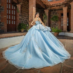 Sky Blue Sweetheart Quinceanera Dress Off Shoulder Princess Prom Ball Gown Sweet 16 XV Years Old Beads Lace Birthday Pageant