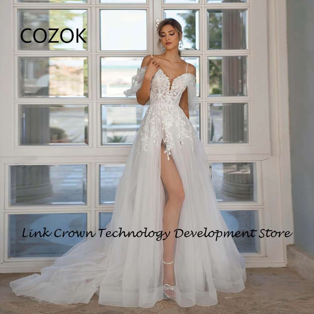 

COZOK Strapless Spaghetti Straps Wedding Dresses for Women 2024 Summer New Side Slit Bridal Gowns with Lace Vestidos De Novia