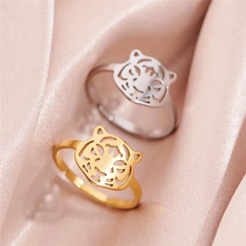 Fashion Animal Stainless Steel Tiger Charm Rings for Women Adjustable Gold Color Finger Jewelry Girls Unique Birthday Ring Gift