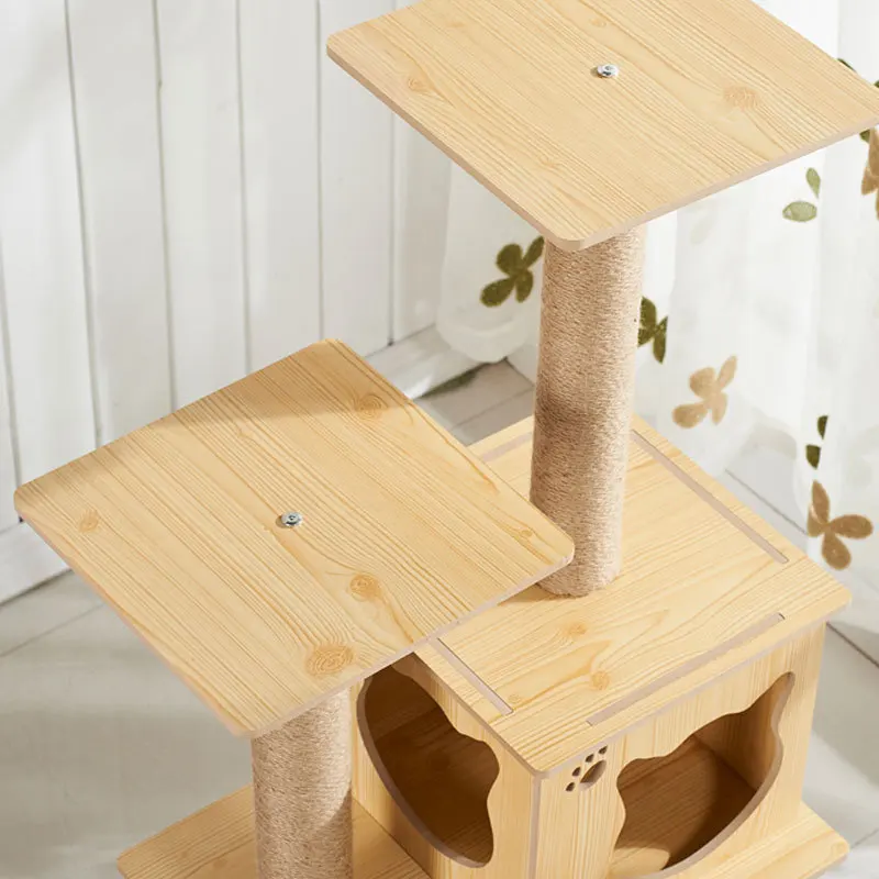 Cat Tree House Condos Multi-layer Wooden Cat Tower With Sisal Rope Cat Scratching Posts Plush Cat Climbing Frame Cloth Hammock