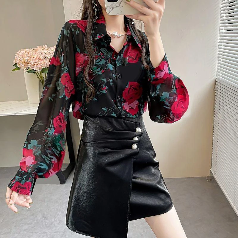 Spring Summer New Turn Down Collar Floral Print Shirt Ladies Lantern Long Sleeve Cardigans Top Women Loose Casual Fashion Blouse