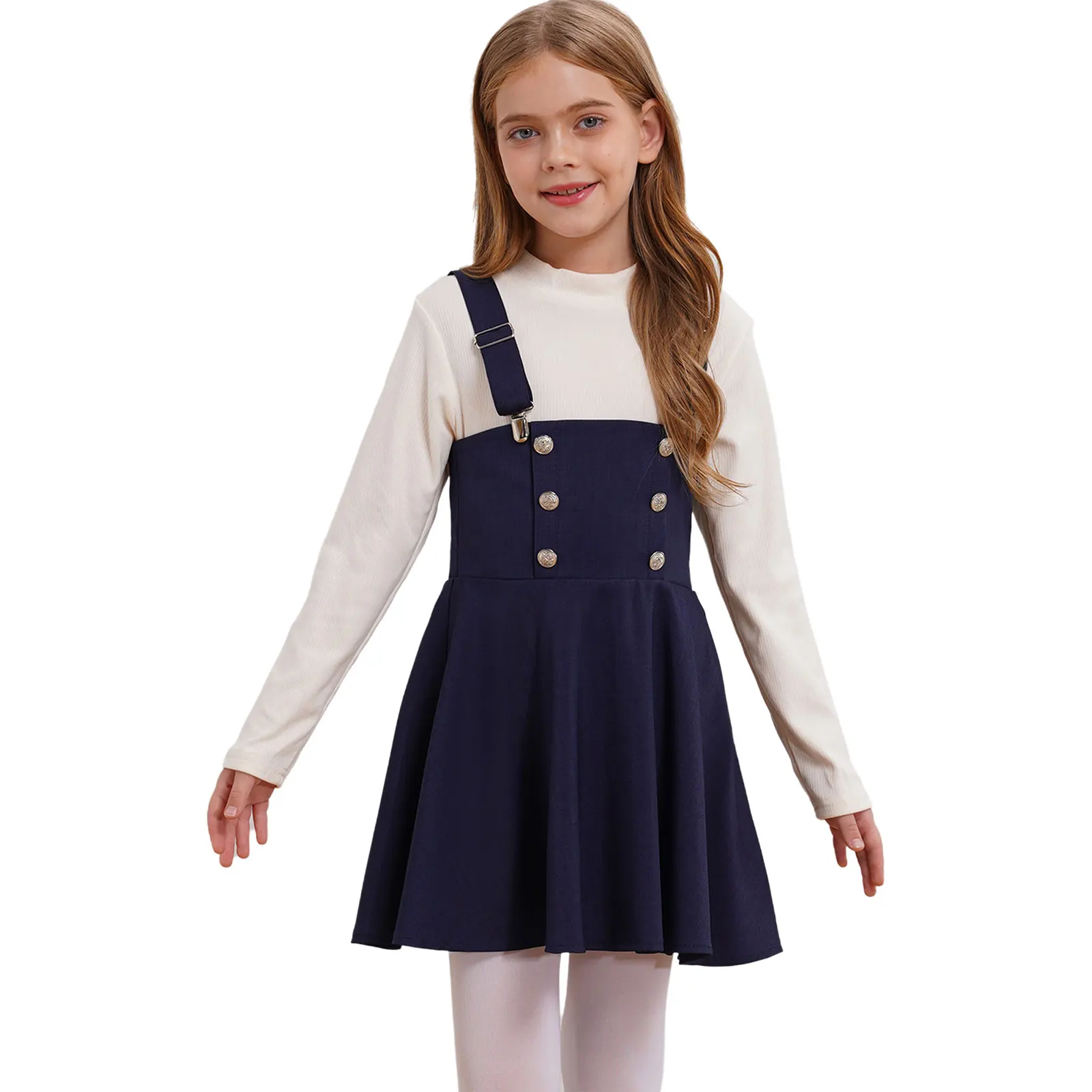 Kids Girls Metallic Suspender Skirt Adjustable Strap Pleated Denim Overall Dress for School Ceremony Party Pageant Casual Daily