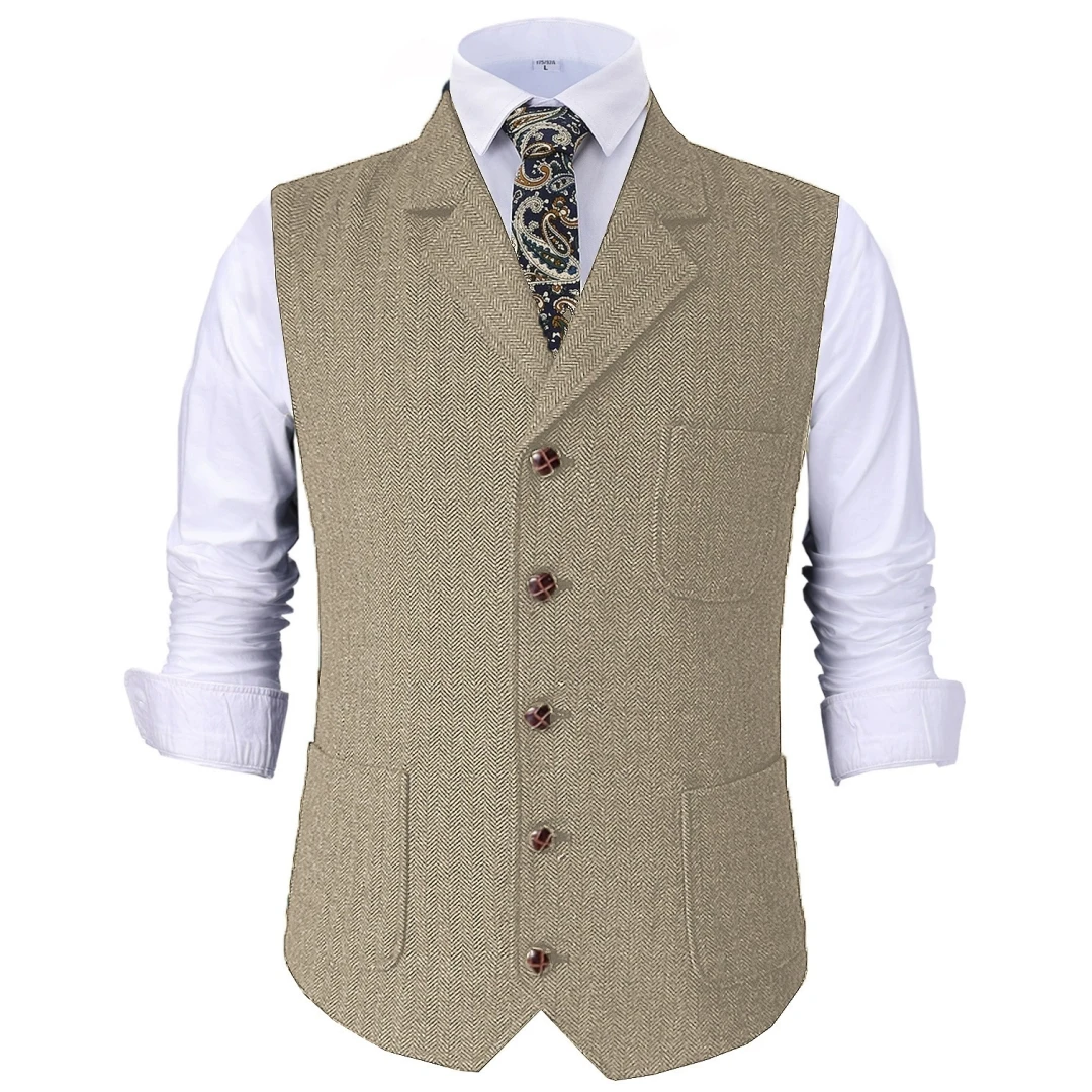 2026 New Men Vest Brown Herringbone with Lapel Waistcoat for Wedding Groom Banquet Business Casual Work Men Suit Vest