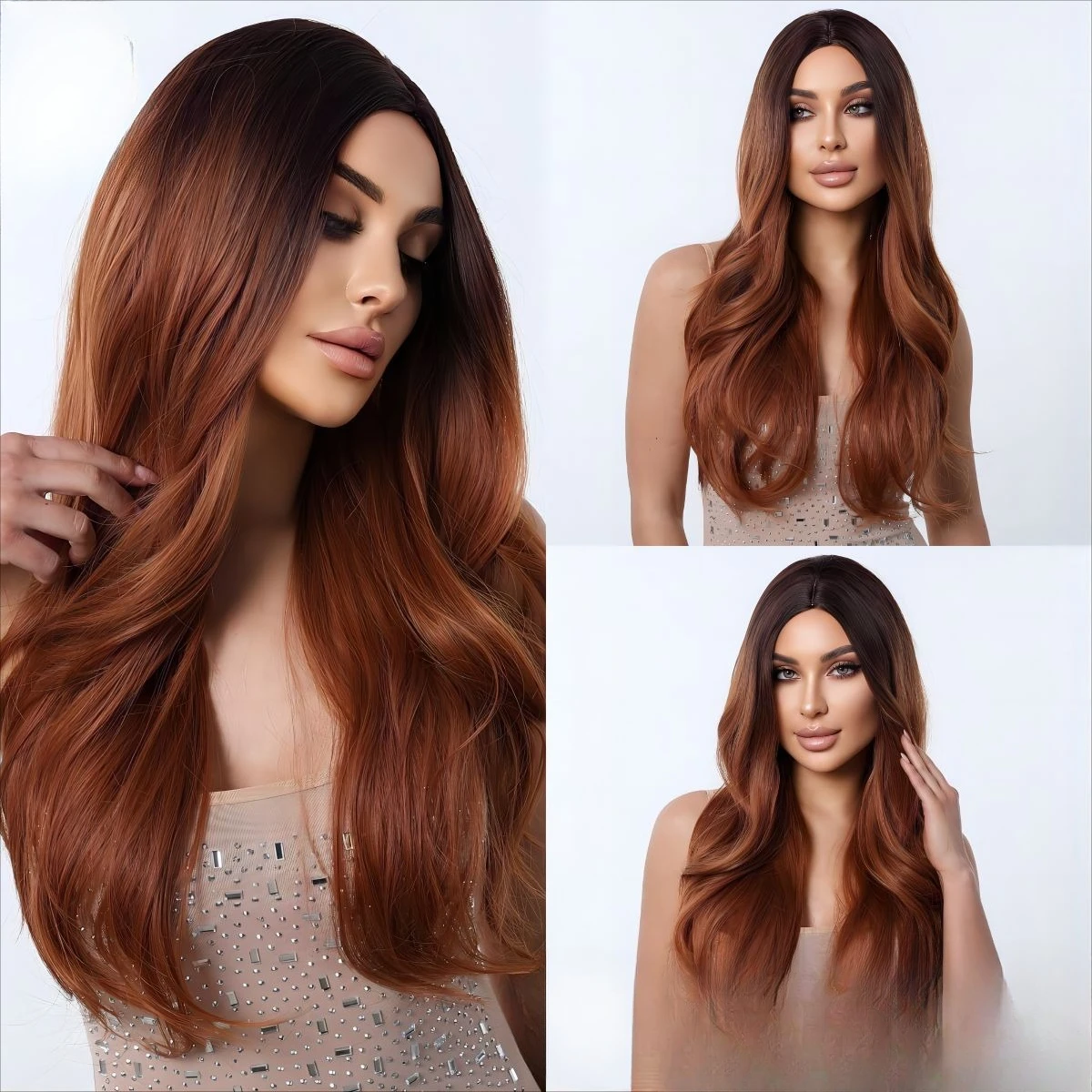 

Hot-selling brown red wig 26inch dyeing gradual change big wave wig cover wig full head hairstyle