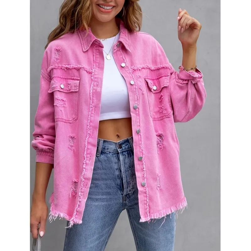 2026 Women's Spring Autumn Jacket Solid Color Denim Coat Holes Raw-Edges Jeancoat Casual Tops Female Oversize Loose Outerwear