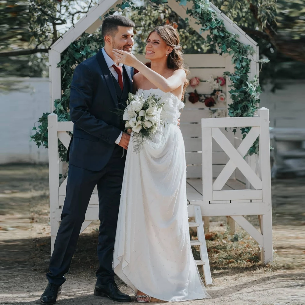 

Pretty 3D Flowers Mesh Wedding Dress Charming Strapless Lace A‑Line Prom Party Gown Romantic Pearls Tulle Bridal Formal Gowns