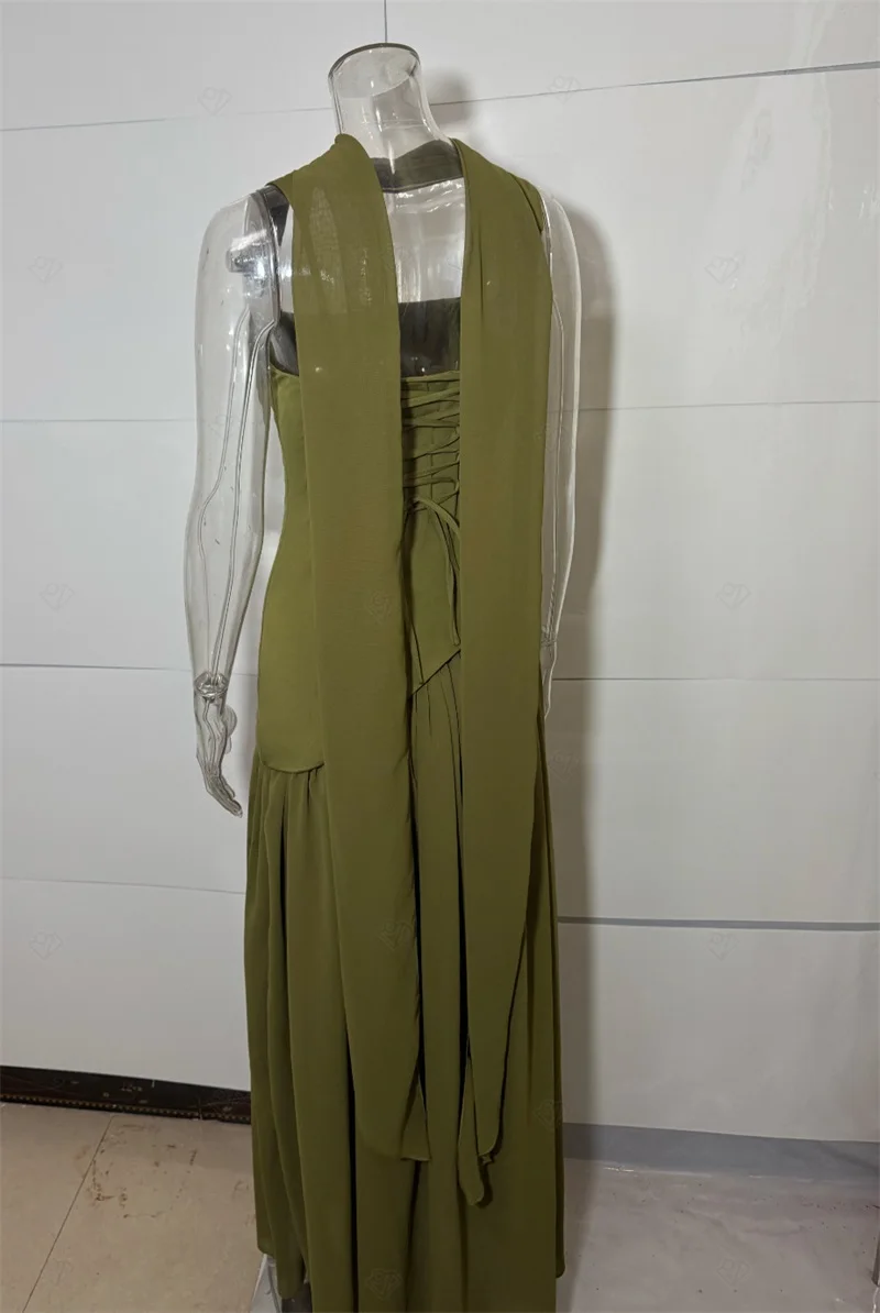Abito da ballo con sciarpa lunga Verde scuro Nero Guaina sexy senza maniche Abito da sposa con lacci sul retro Abito da compleanno per matrimonio formale per ospiti