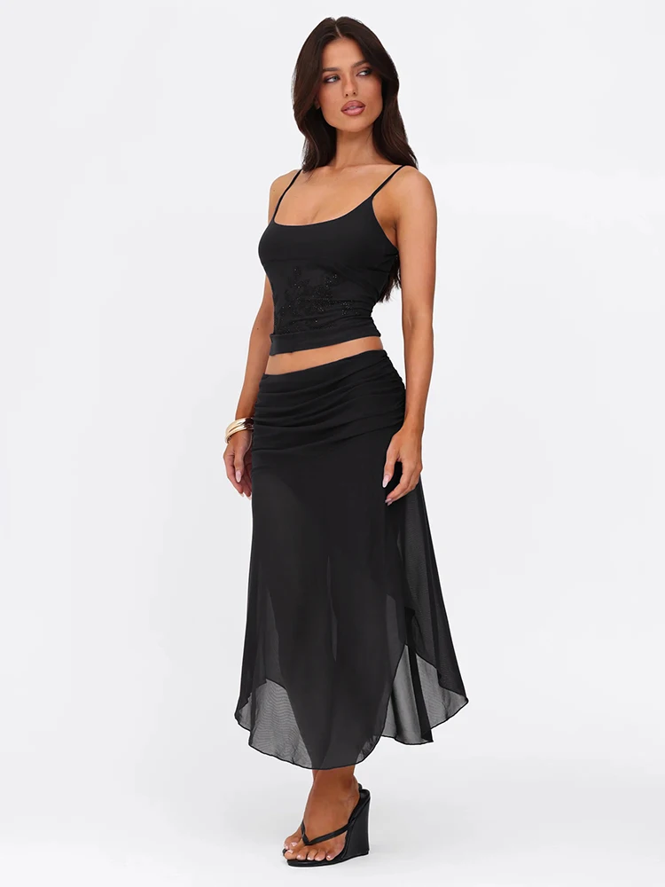 

Cutenew Diamonds Luxury Women 2 Piece Set Summer Festival Outfits Patchwork U-neck Camis+Matching Maxi Skirts Mujer Party Wear