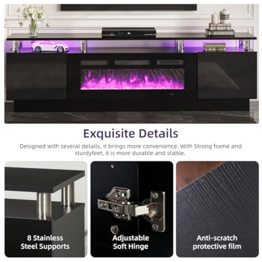 Suporte de TV com lareira moderna com 36 lareiras elétricas para TVs de até 80 polegadas Centro de entretenimento com luz LED com cabine de alto brilho