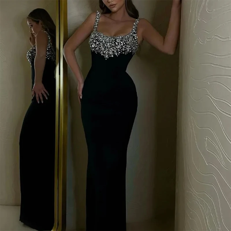 Black Spaghetti-Straps Square Neck Formal Evening Dresses Shiny Beaded Mermaid Prom Dresses Customized robes de soirée