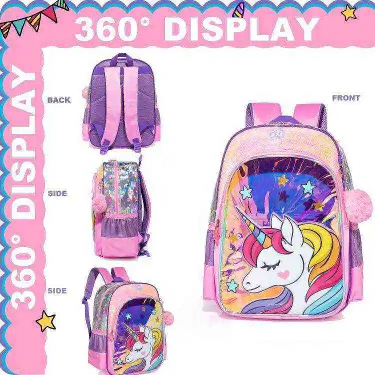 Mochilas escolares Unicorn para meninas adolescentes, Mochila com lancheira, Estojo para lápis, Mochila primária elementar