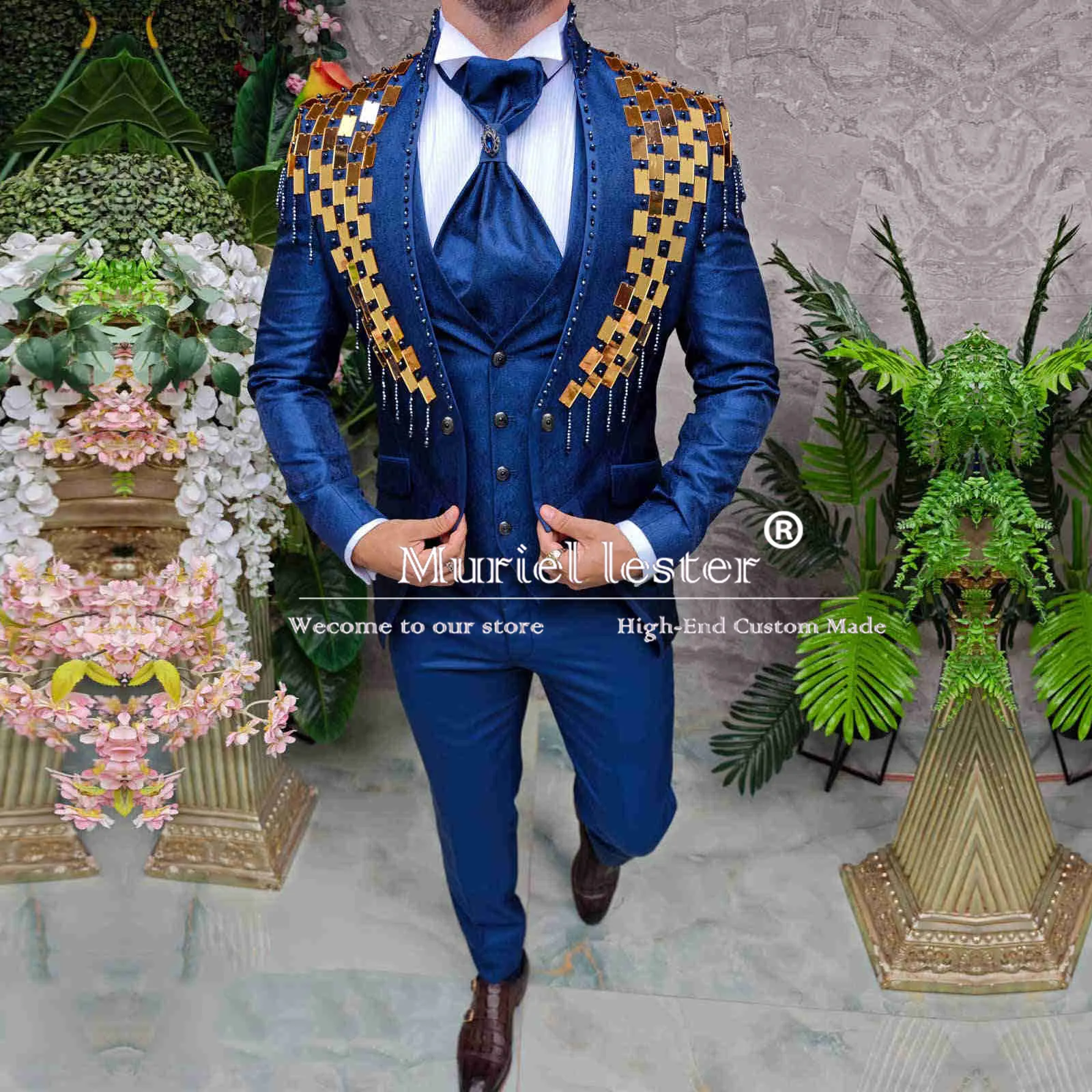 Blue Suits Men Elegant Ceremony Collection Gold Stone Beaded Groom Wedding Blazer Slim Fit Men\'s Tuxedos Bespoke  Costume Homme