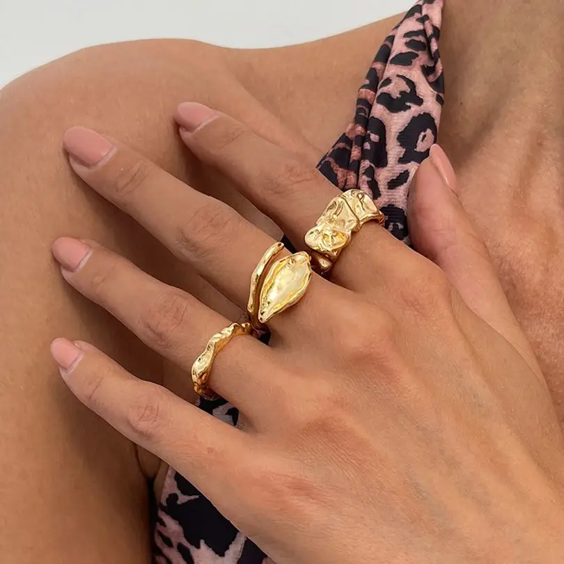 

SHIXIN 3Pcs Irregular Geometry Open Ring Set for Women Trendy Gold Color Adjustable Finger Rings Lady Daily Jewelry Accessories
