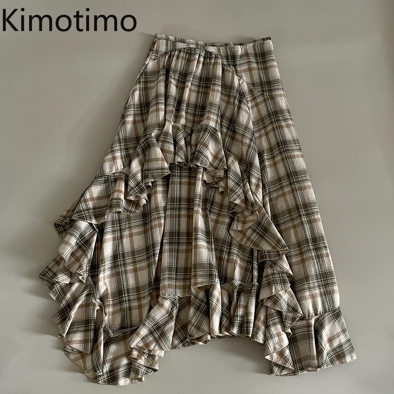 

Kimotimo Vintage Irregular Ruffle Plaid Skirt Women 2025 Summer High Waist Mid Length A-line Skirts Fashion Versatile Skort Юбка