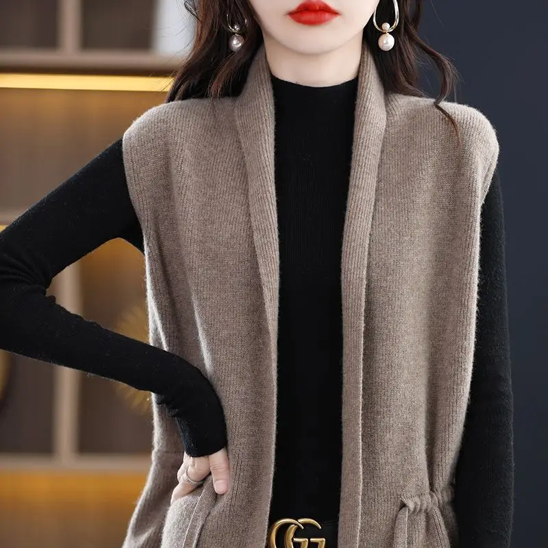 Knitting Tank Top Ladies 2024 New Autumn Winter All-match Sweater Loose Coat Cardigan Women Clothing Simplicity Lacing Top Tee