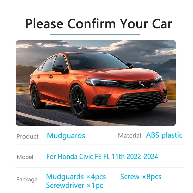 Front Rear Mudguards for Honda Civic FE FL 11th 2022 2023 2024 MudFlaps Wheel Protector Mud Flap Splash Guards Auto Accessories
