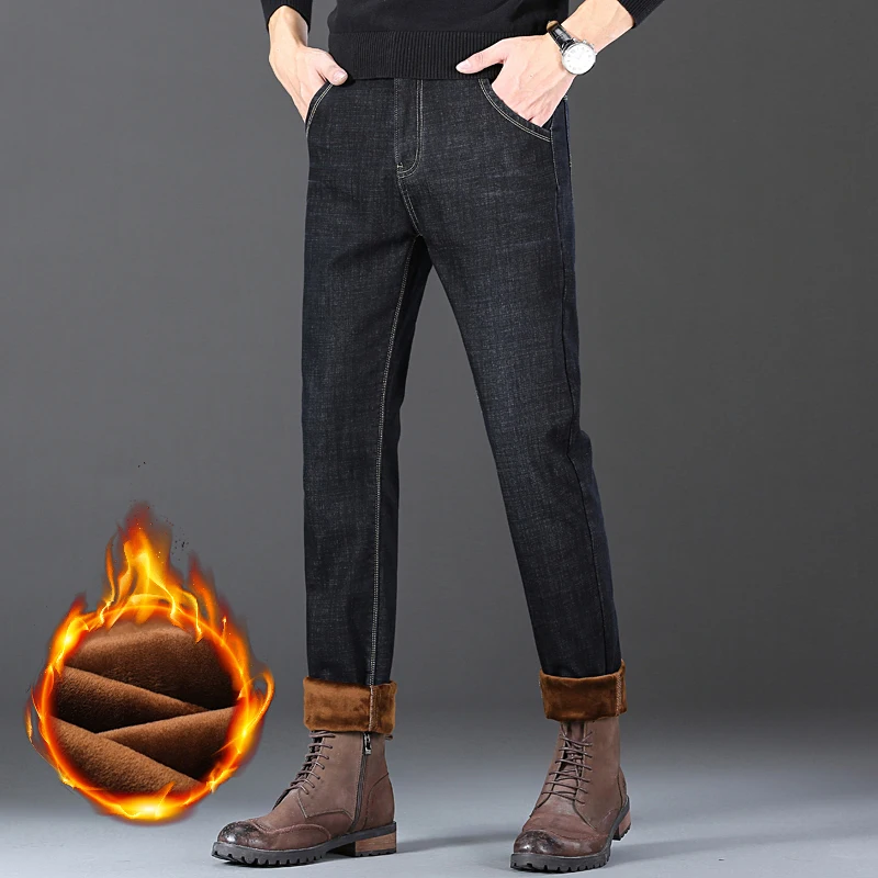 Novedad de invierno en pantalones vaqueros de negocios a la moda para hombre, pantalones vaqueros rectos informales clásicos cálidos de lana, pantalones vaqueros de marca para hombre, pantalones vaqueros negros y azules