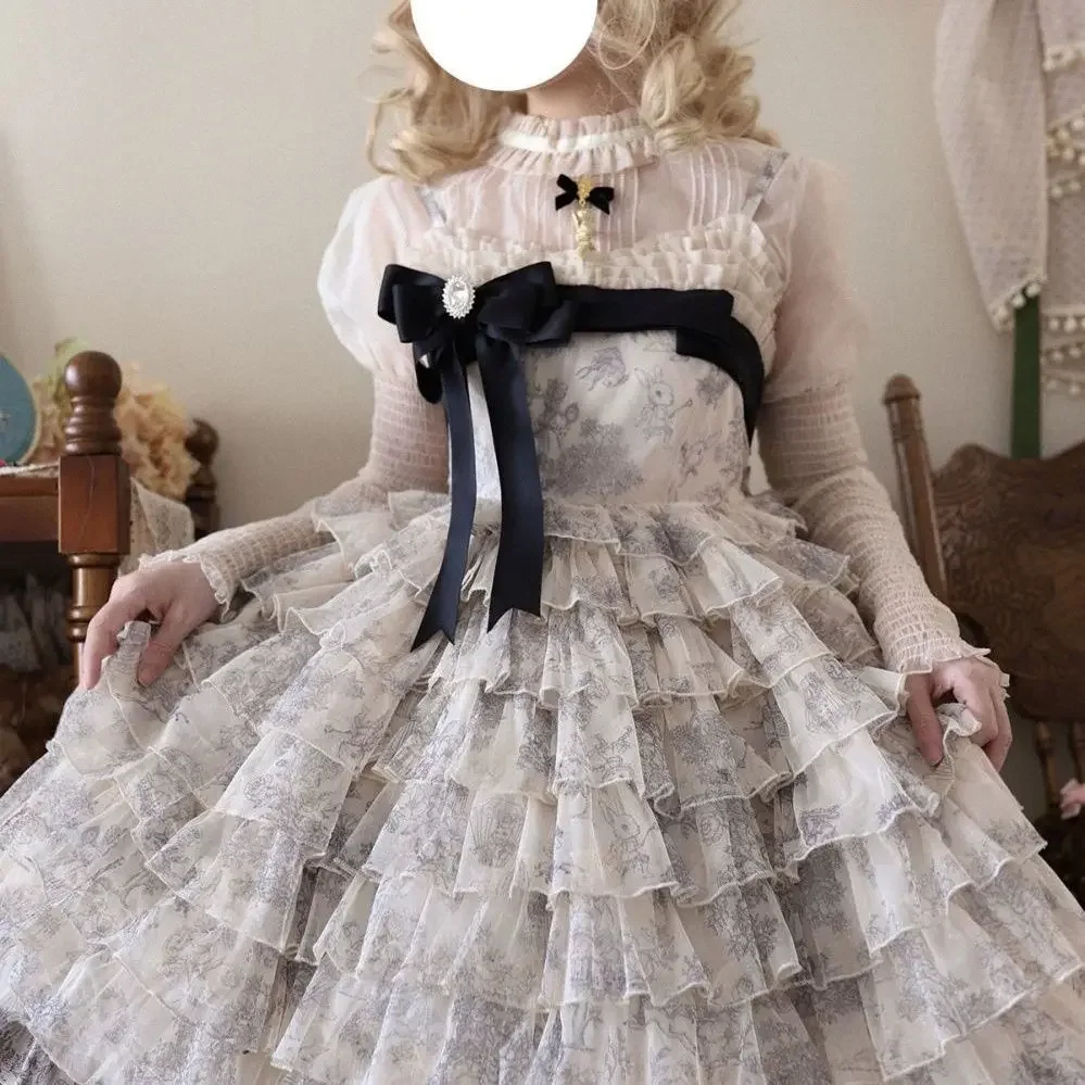 日本のかわいいロリータ Jsk ドレス女性甘い弓フリル花柄パーティーティアードケーキドレスヴィンテージプリンセスドレス