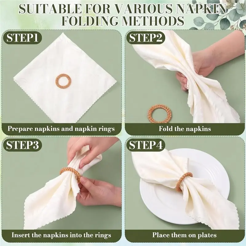 PORK-Bulk 50Pcs Boho Woven Rattan Napkin Rings Rustic Style Round Dining Table Holders For Banquet, Home Wedding For