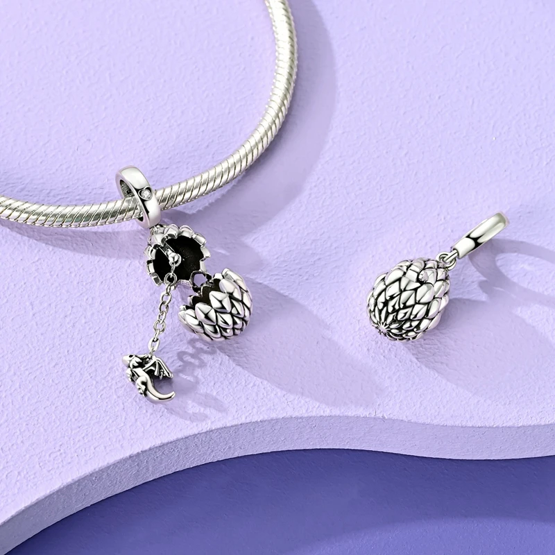 925 Sterling Silver Openable Dragon Egg Dangle Charm Scale Textured Pendant Tiny Baby Dragon Inside Fit Bracelet Jewelry Gift
