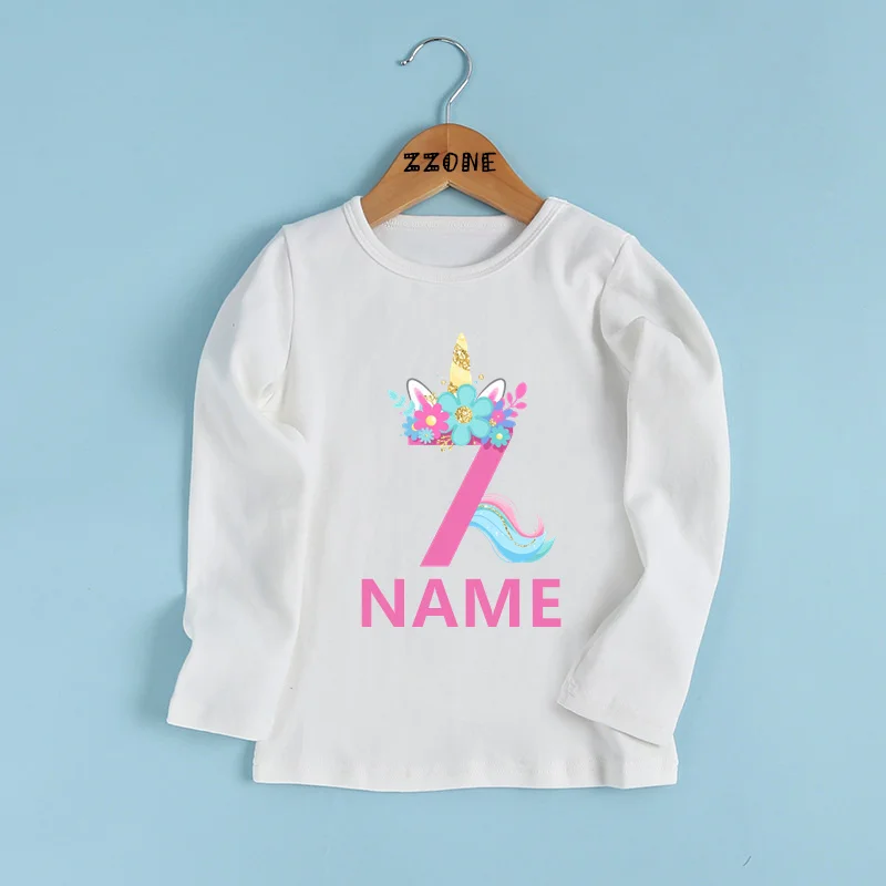 Compleanno ragazze T shirt fiore unicorno numero stampa bambini 1 2 3 4 5 6 7 8 9 anni personalizza nome T-shirt bambino manica lunga vestiti