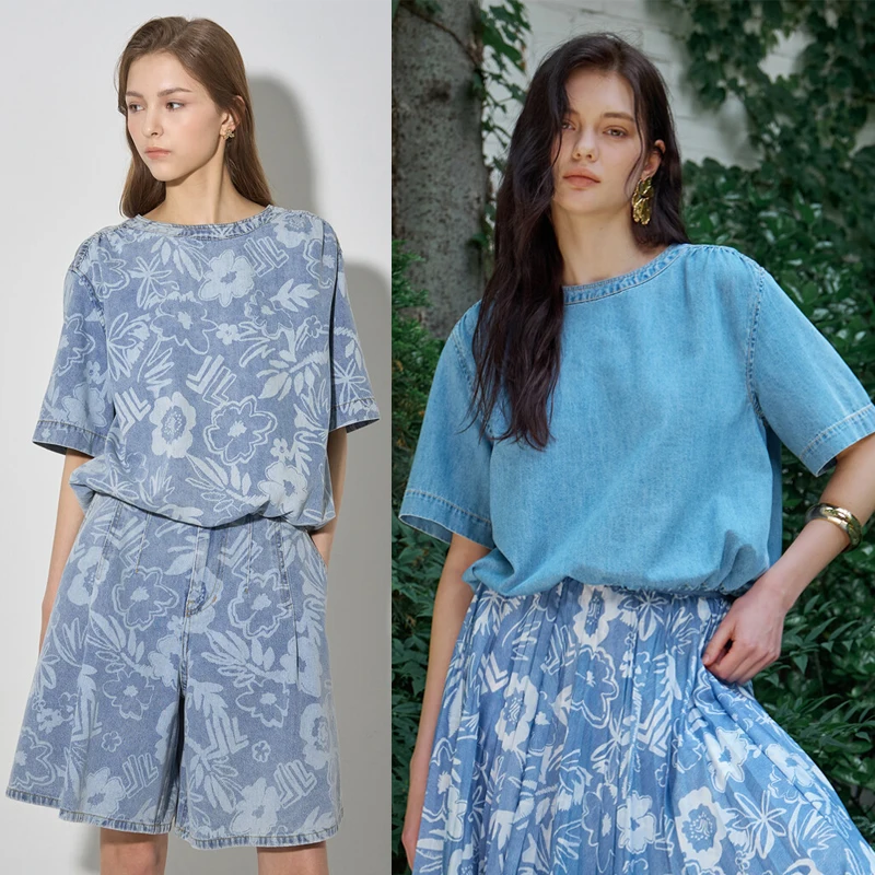 

Selfwill Modern round Ne Denim irt And Printed Wide Leg orts Women's Faion Set Summer 2025 Two-Piece Ensemble