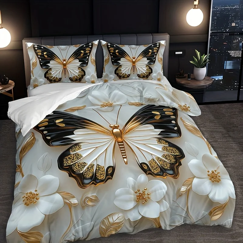 3Pcs Butterfly Embossed 3D Flower Duvet Cover Set, HD Printing Soft Bedding with Pillowcases for Home Dorm Decor