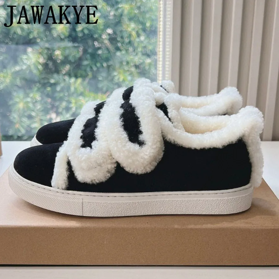 2023 Brand Natural Wool Fur Snow Boots Suede Leather High Top Short Boots Women Round Toe Rubber Sole Winter Loafers Flat Shoes