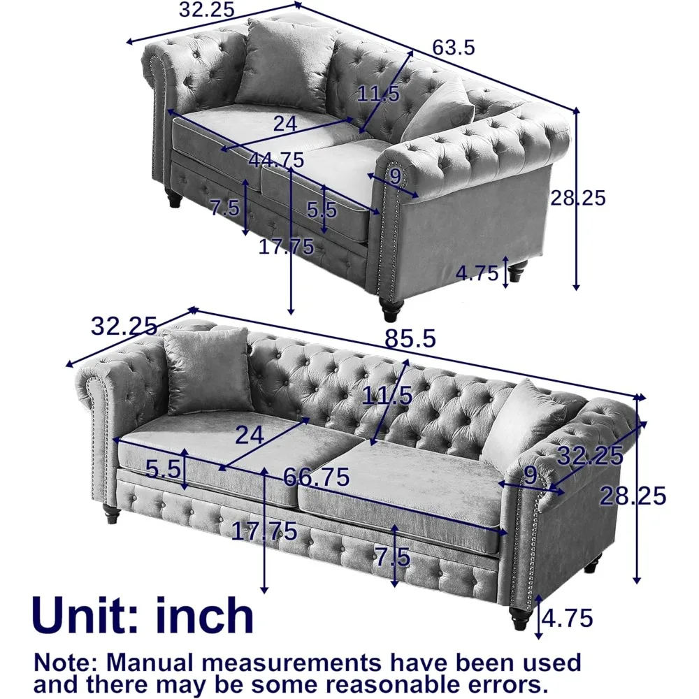 2-Piece Tech Fabric Upholstered Living Room Sofa Set, Including 3-Seater Sofa and Loveseat with Button and Copper Nail on Arms