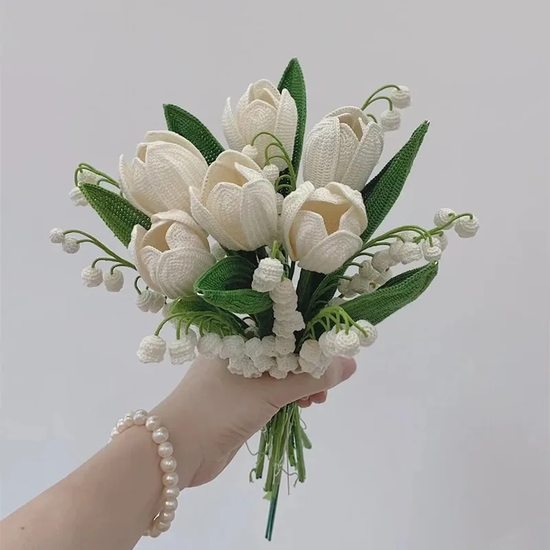 

Hand-knitted Lily of the Valley Tulip Bouquet Finished Bellflower Wedding Bridal Gift Hand Held Eternal Flowers for Girlfriend