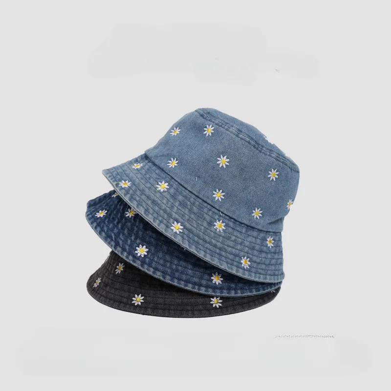 Chrysanthemum Embroidered Denim Four Seasons Can Wear Face Bucket Hat Female Ins Sun Hat