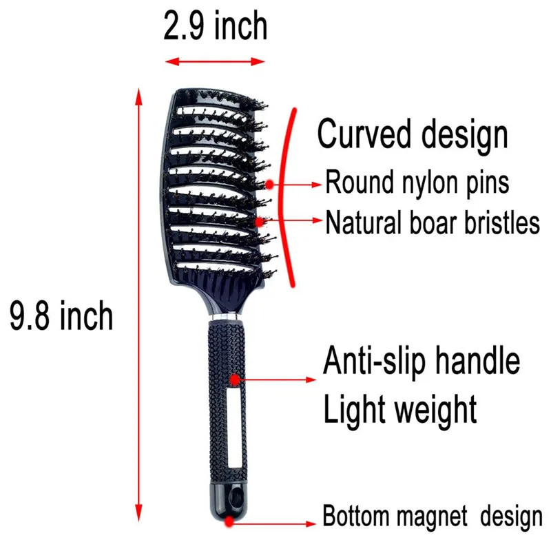 Curved Vented Boar Bristle Hair Brush Professional Scalp Massage Comb Detangling Hairbrush for Salon Hairdressing Styling Tool