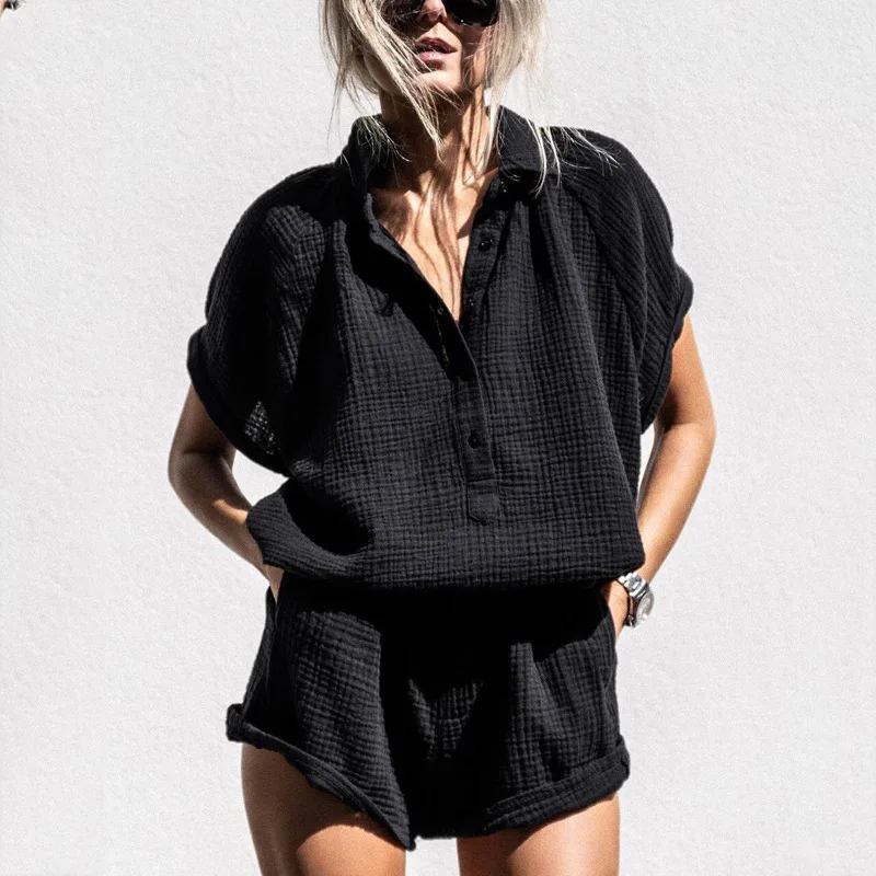 

European and American new casual V-neck button black short sleeved shorts solid color sports two-piece set for girls