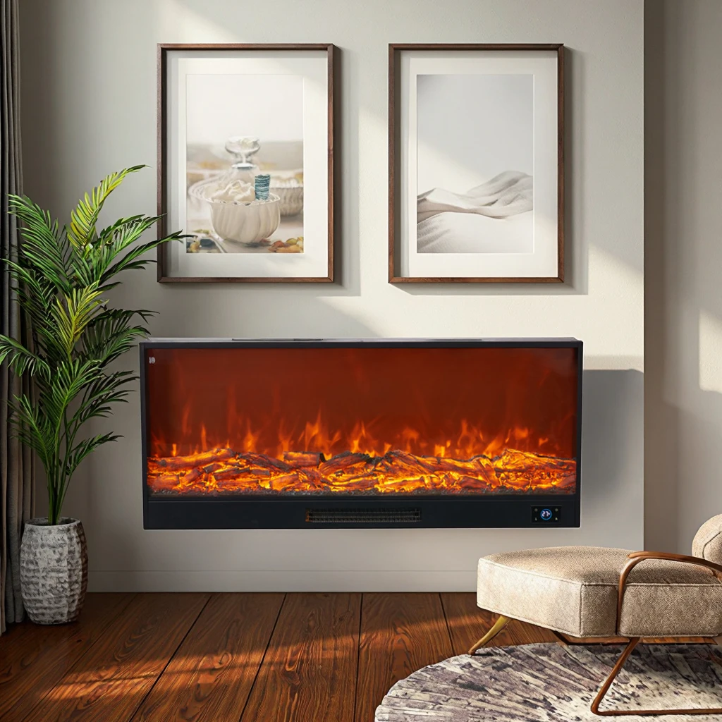 Built-In Electric Fireplace, 1500W Cold Rolled Steel LED Flame TV Stand, Monochromatic Fireplace Heater Insert, for Living Room