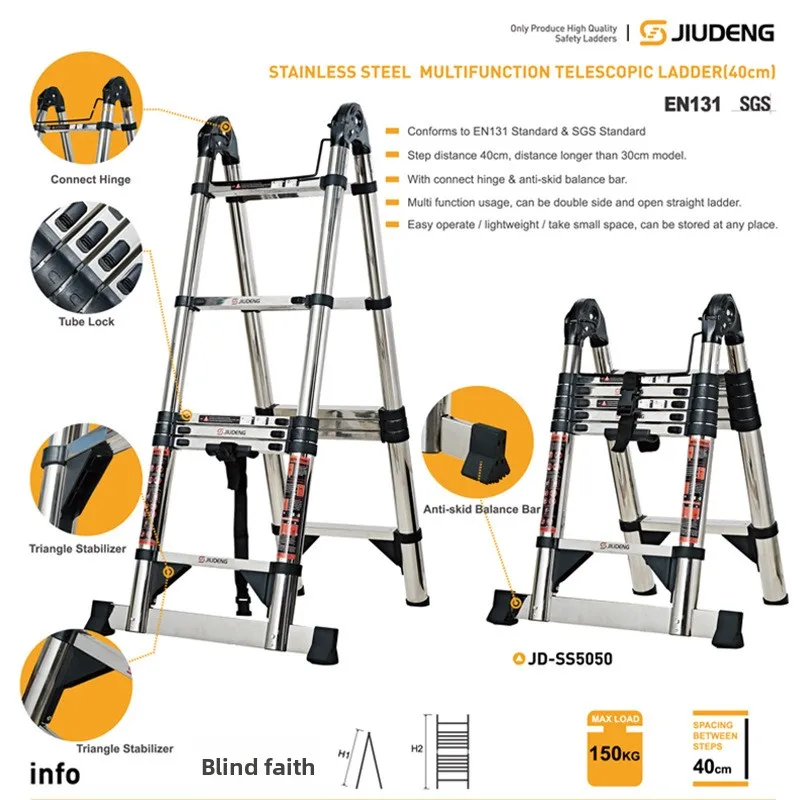

Прочная телескопическая лестница Jiudeng из нержавеющей стали, односторонняя пристенная прямая лестница-стремянка для подъема.