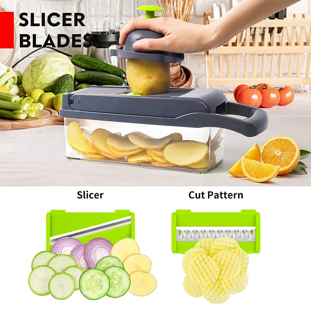 LMETJMA Vegetable Chopper Professional Mandoline Slicer Onion Chopper Veggie Slicer with 8 blades and Filter Basket KC0451