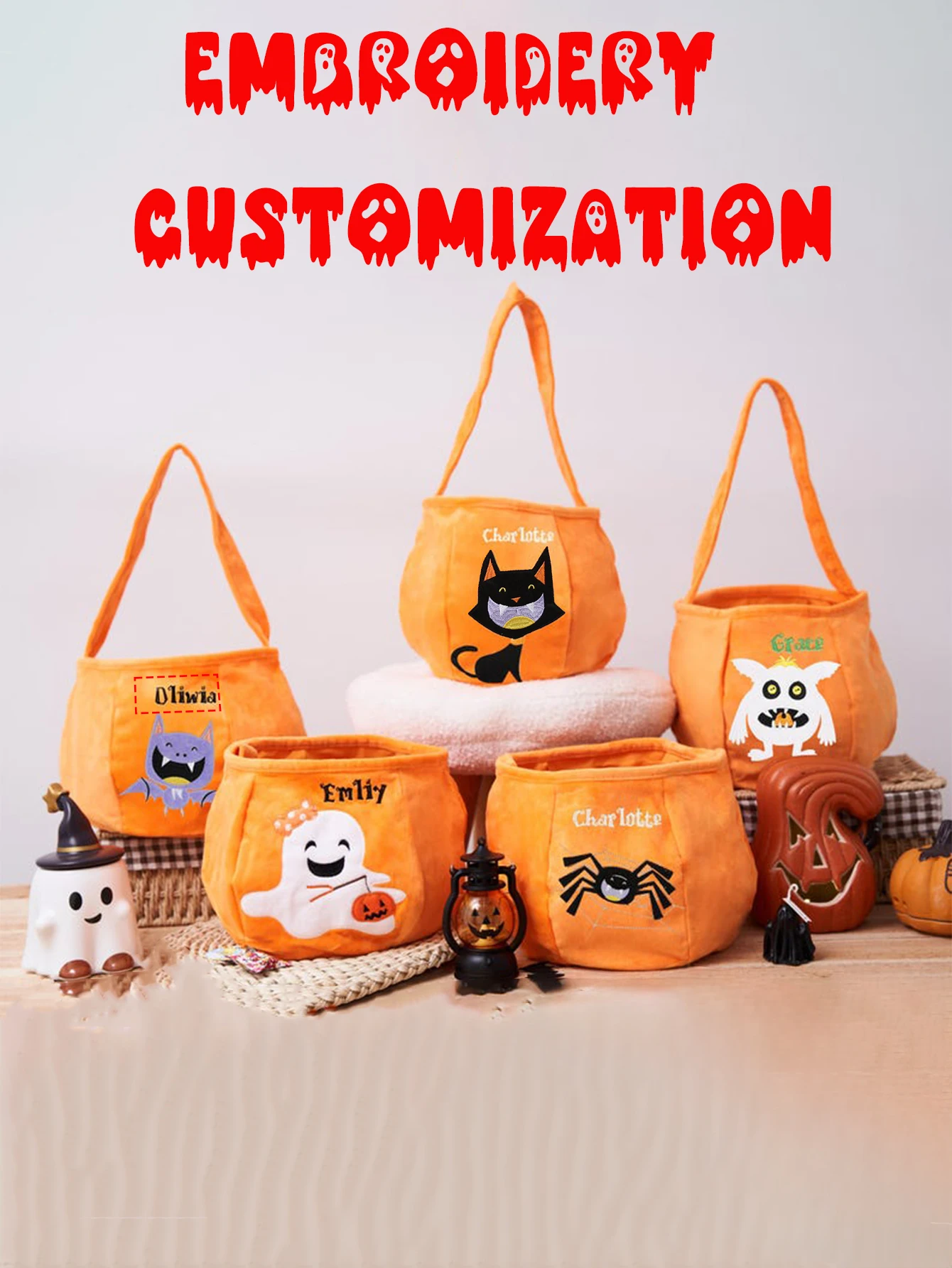 (Please private message customer service) Embroidery DIY graphic customization, Halloween pumpkin shoulder bag