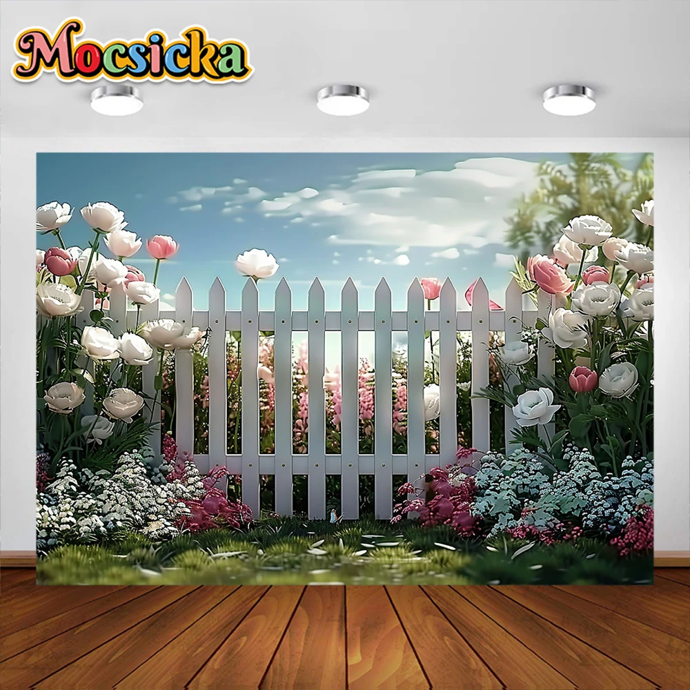 Spring Garden Fence Floral Flowers Photography Background Natural Scenic Birthday Baby Portrait Wedding Celebration Backdrops