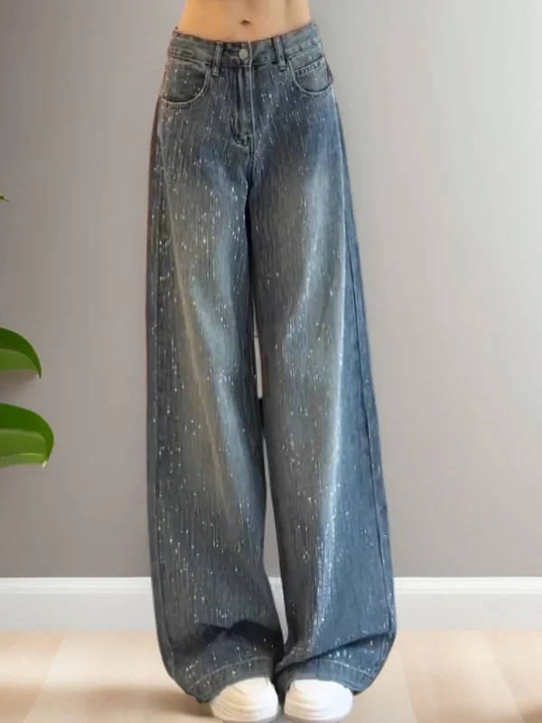 

Весенние женские джинсы с высокой талией и широкими штанинами, премиум-класса, с бриллиантовой отделкой, длиной в пол, повседневные, из синего денима