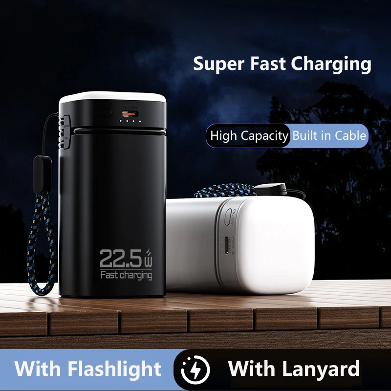 Power Bank 20000mAh 22.5W Fast Charging with Built-in Type-C Cable Flashligjt External Spare Battery Portable Power Bank Charger