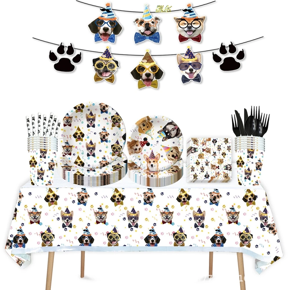 New Dog Pet Birthday Dog Paw Theme Party Cutlery Plate Cup Tissue Balloon Background Cloth Children's Party Decoration