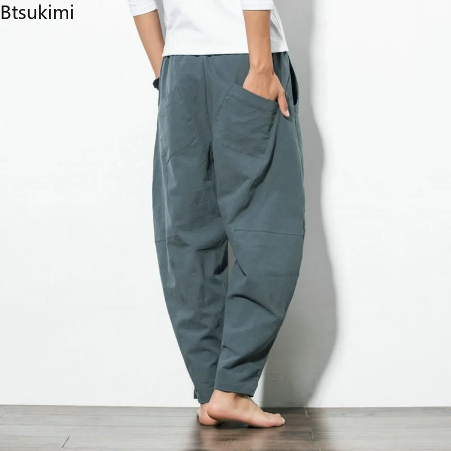 New Men's Chinese Style Cotton Linen Harem Pants Spring Summer Vintage Casual Hip Hop Baggy Trousers Male Wide Leg Joggers Pants
